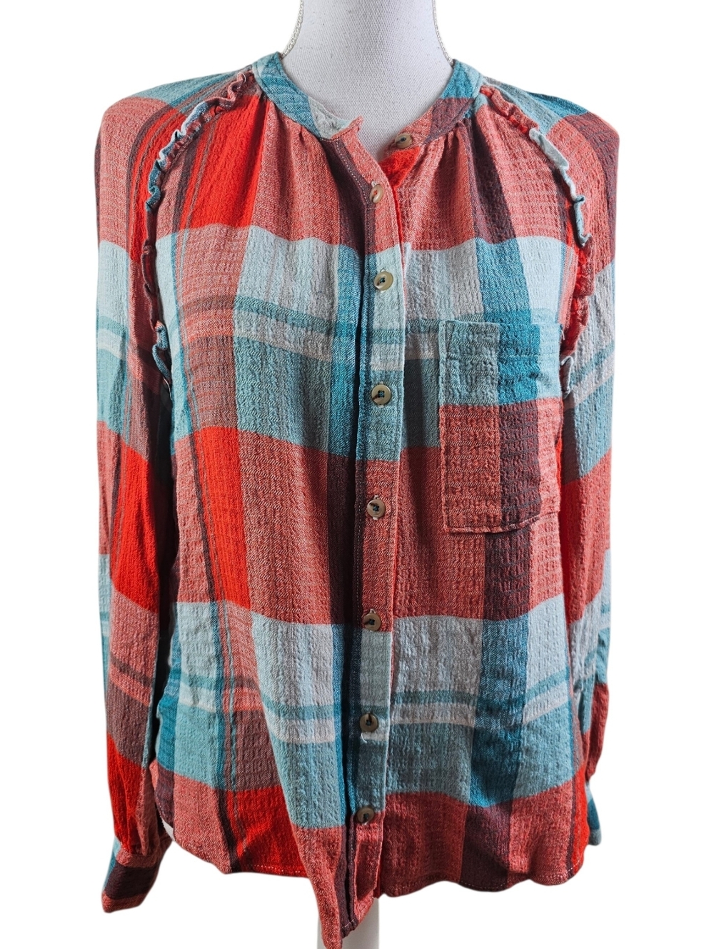 Pilcro Anthropologie Breezy Teal Blue And Red Buffalo Plaid Button Down Shirt S - Picture 3 of 8